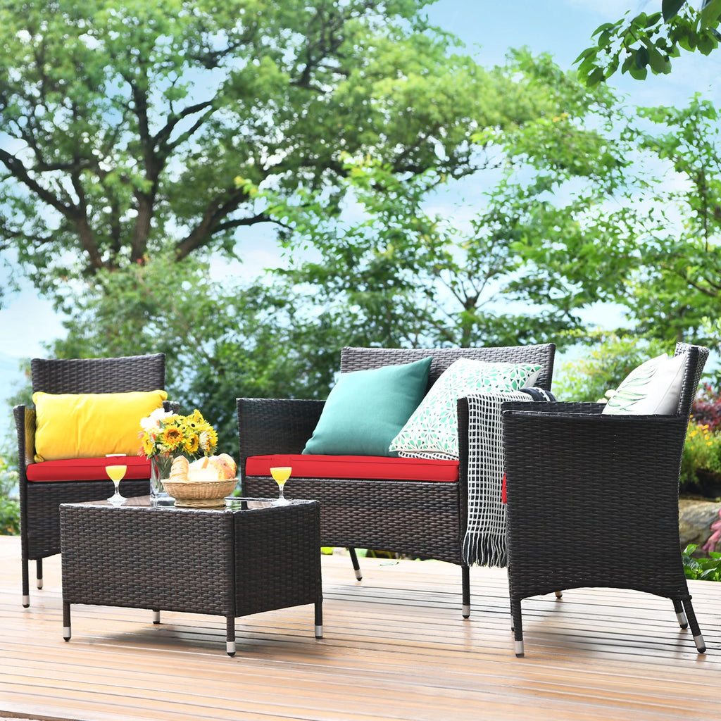 4 Pc Patio Rattan Conversation Furniture Set with Gray Cushion T537