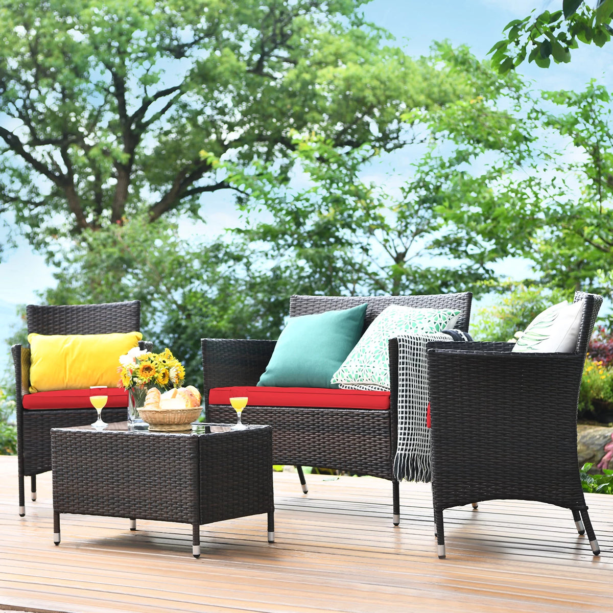 4 Pc Patio Rattan Conversation Furniture Set with Gray Cushion T537