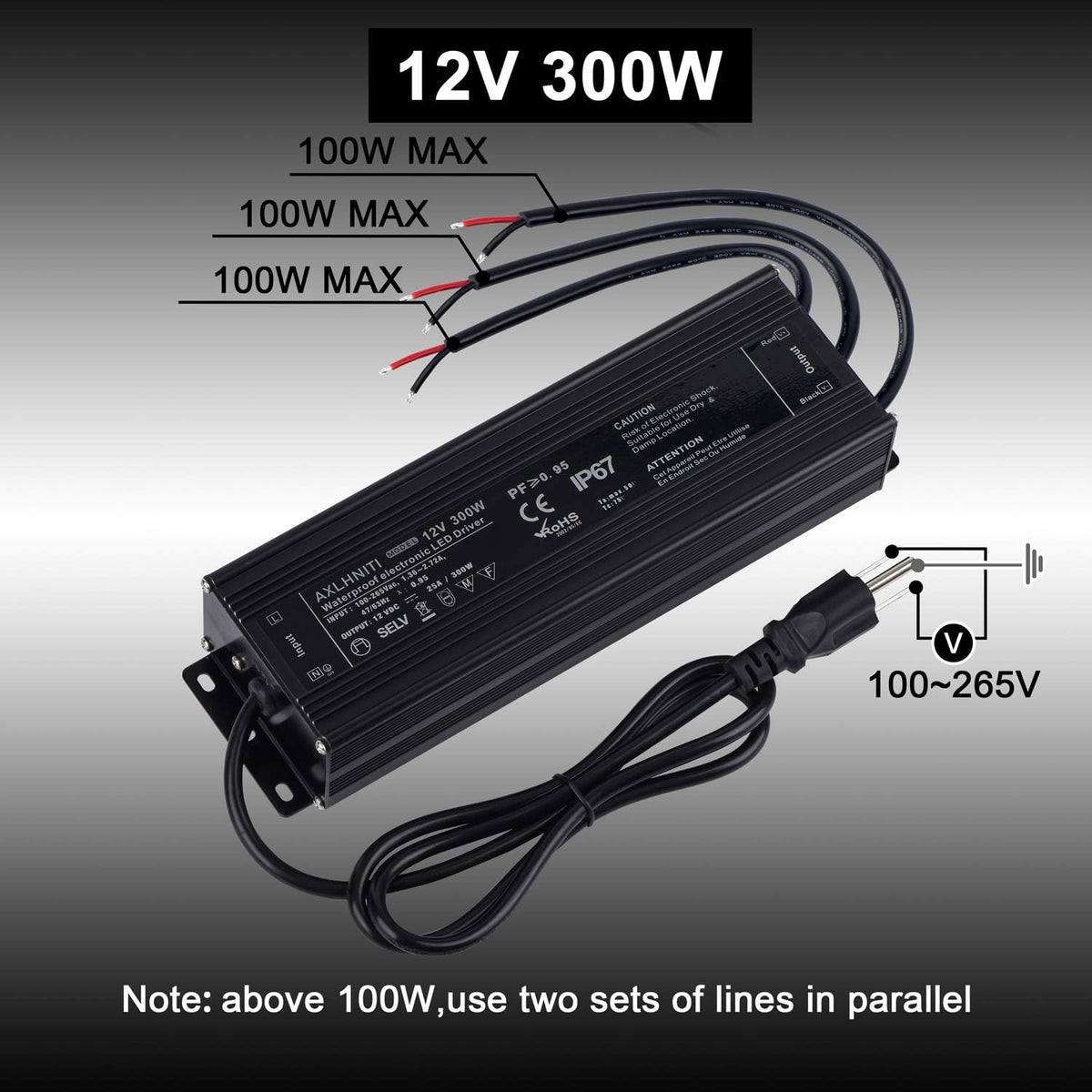 LED Driver 300Watts 12V DC Low Voltage Output Waterproof IP67 LED Power Supply with 3-Prong Plug 3.3 Feet Cable K7245