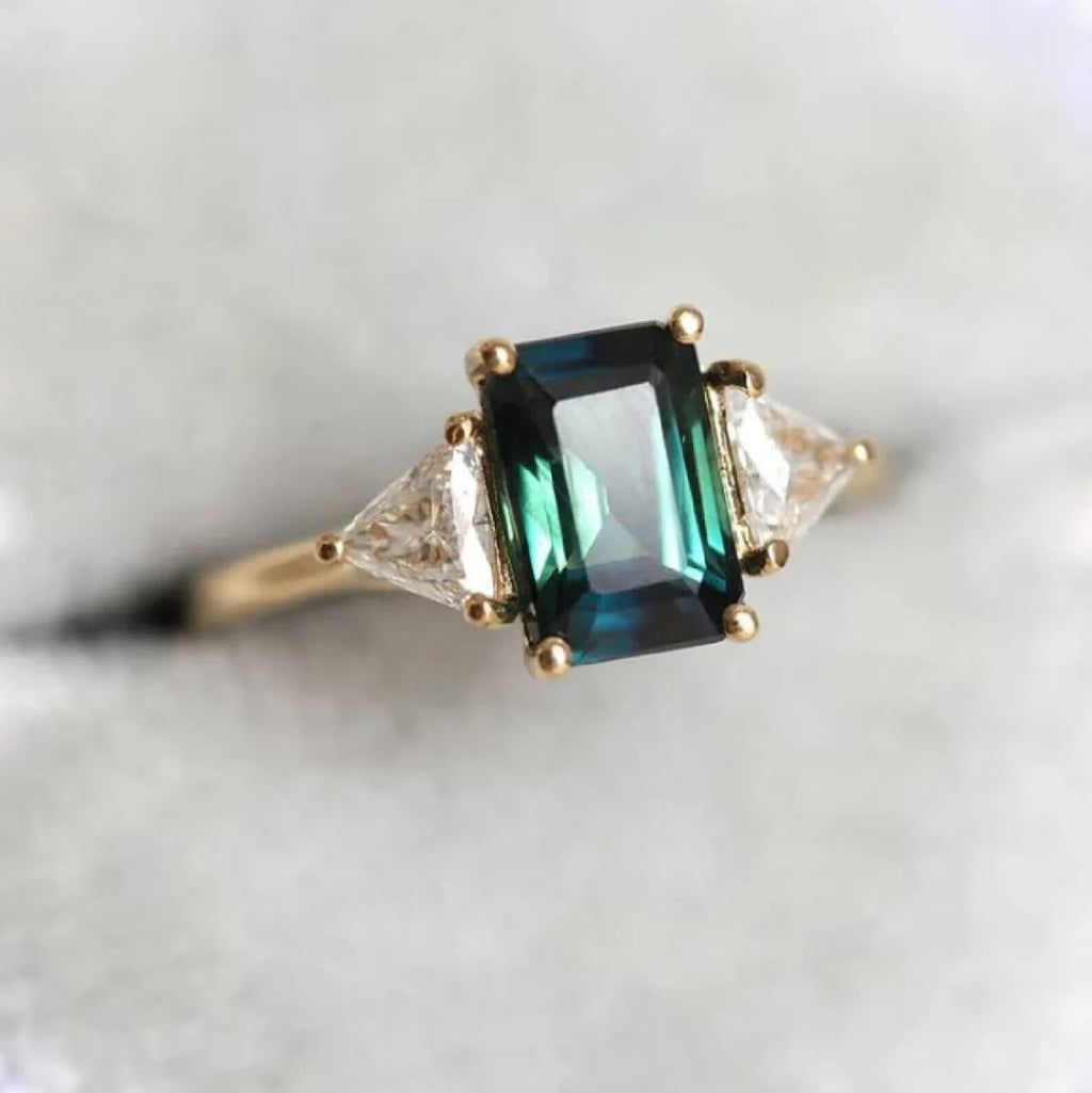Natural Green Emerald Moissanite Ring 14k Yellow Gold Z668326