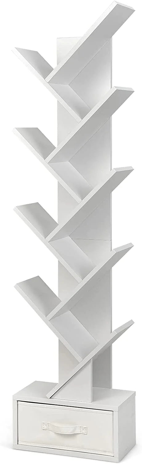 White Wooden 10 Shelf Bookshelf with Drawer O915842