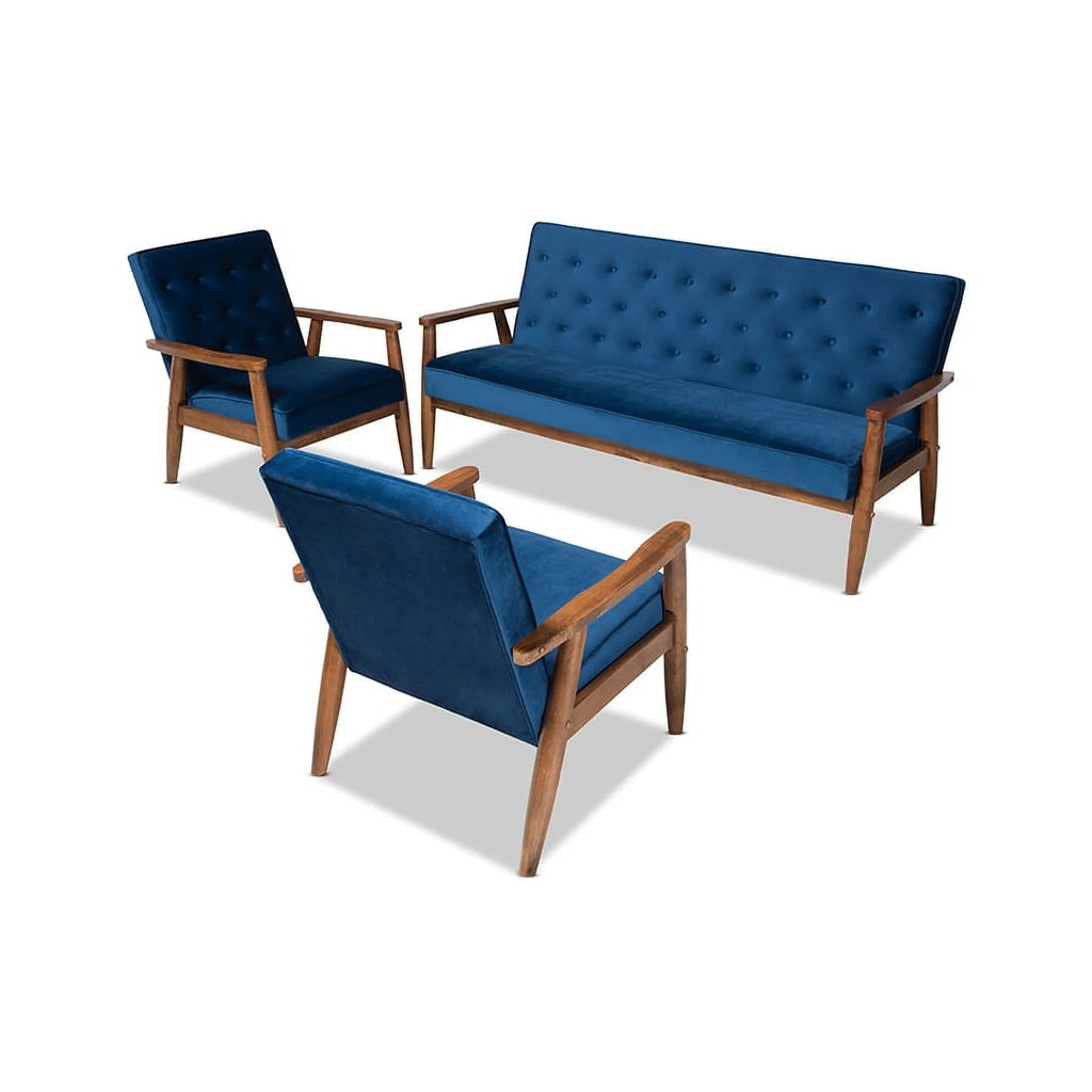 Navy Blue Velvet 3-Piece Wooden Living Room K39943