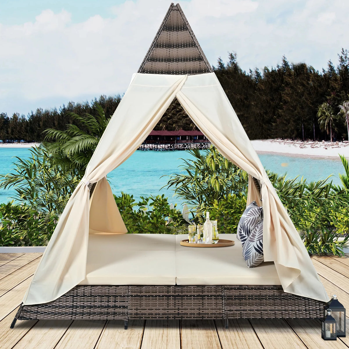 PE Wicker Daybed with Beige Cushions E8791