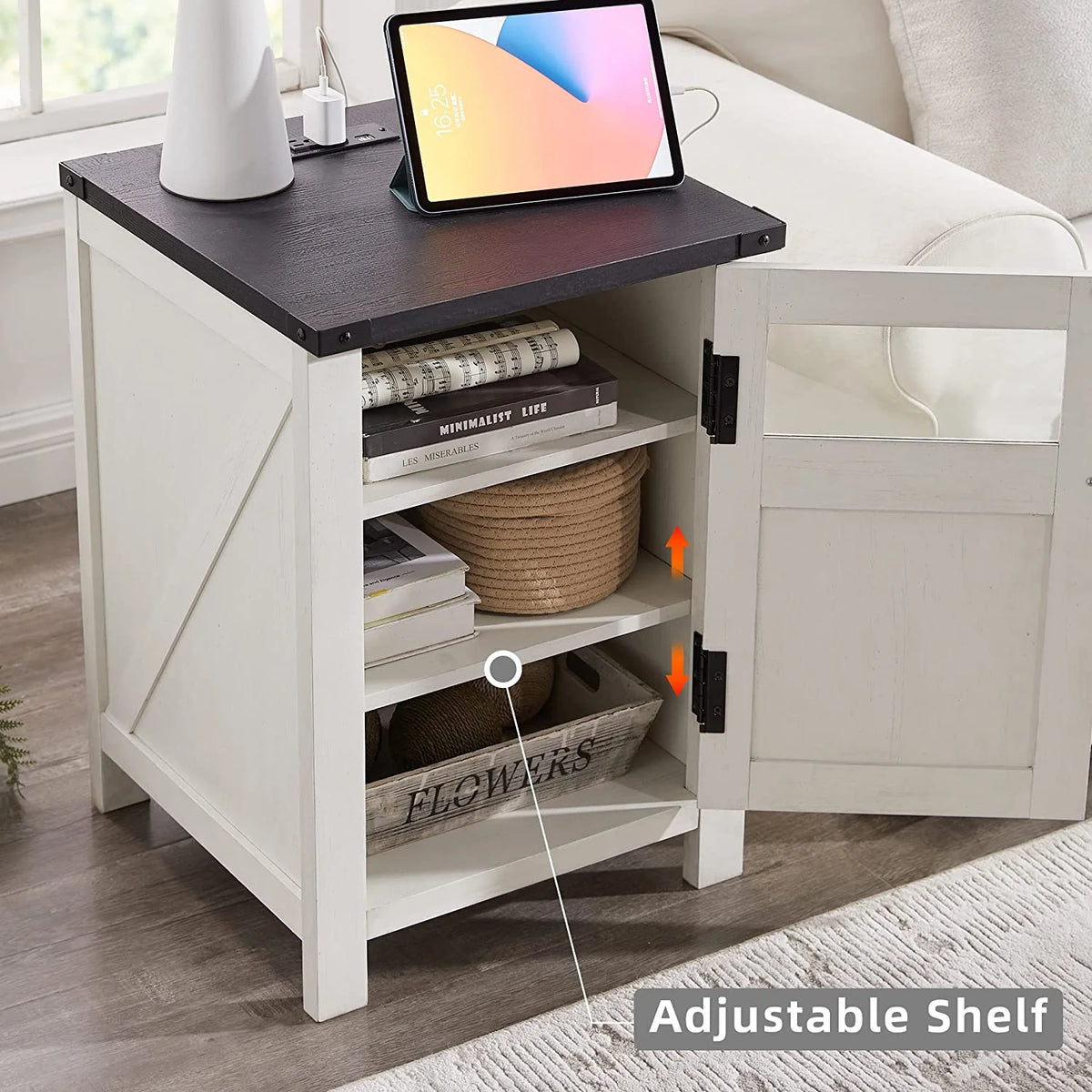 Off White 3-Tier End Table with Charging Station Z143440