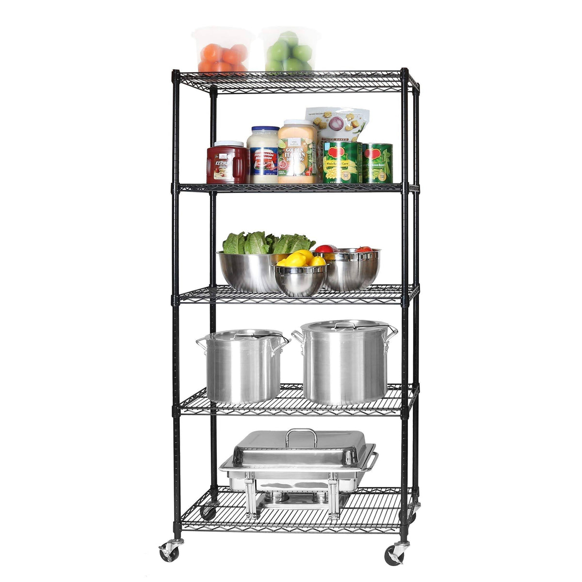 Black 5-Tier Steel Wire Shelving with Wheels K16947