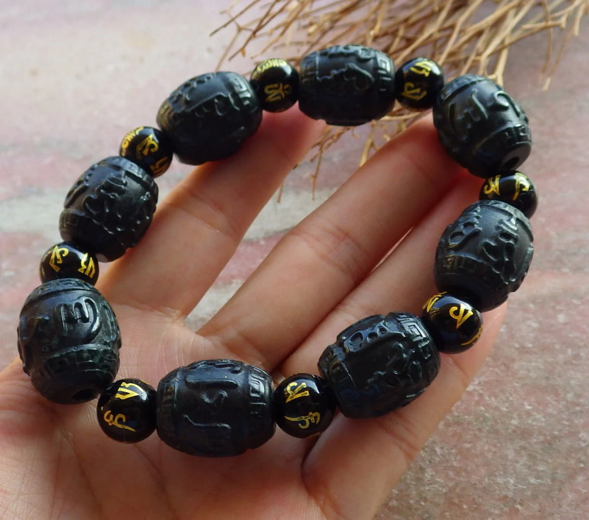 Hand Carved Natural Black Dark Green Jadeite Bead Bangle Bracelet A609