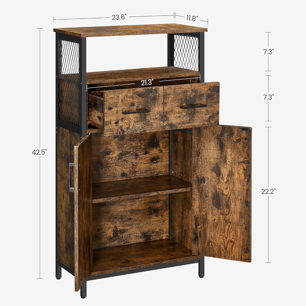 Rustic Brown and Black Freestanding Storage Cabinet with Doors and Shelves V850