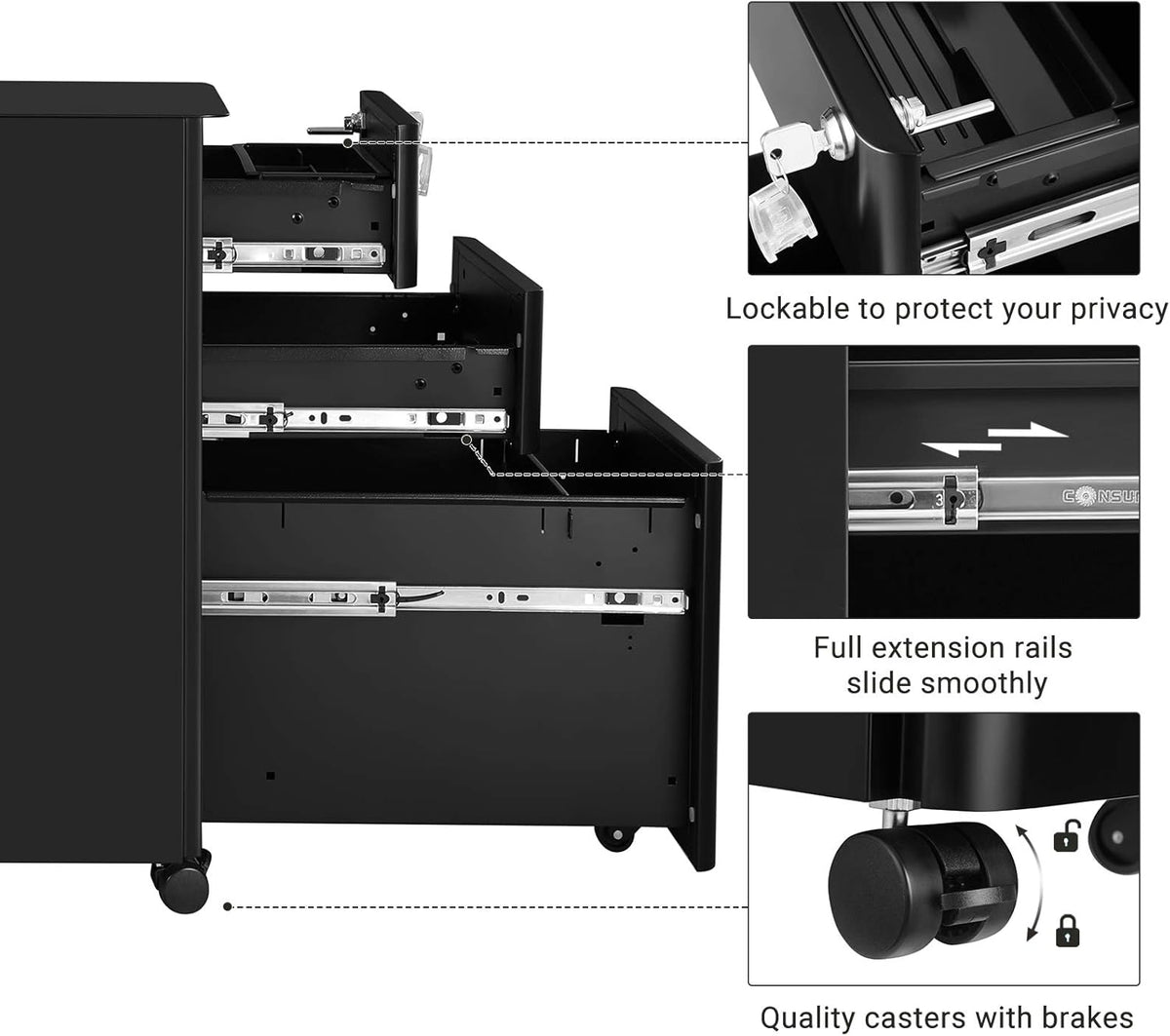 Black Steel 3 Drawer Mobile Filing Cabinet with Lock S19115