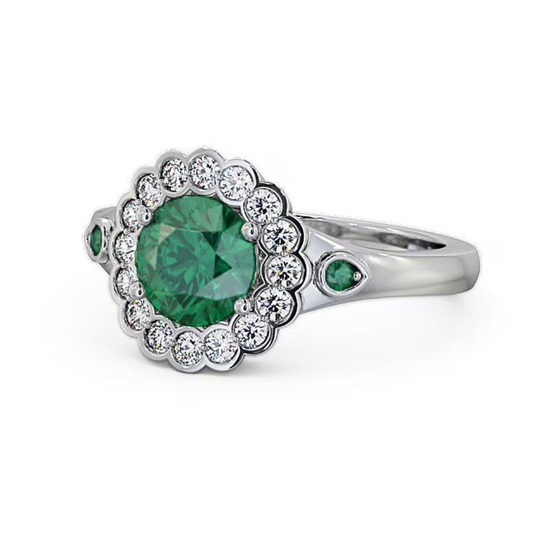 14K White Gold Floral Halo Round Cut Emerald Real Diamond Ring Size 7.5 R3243