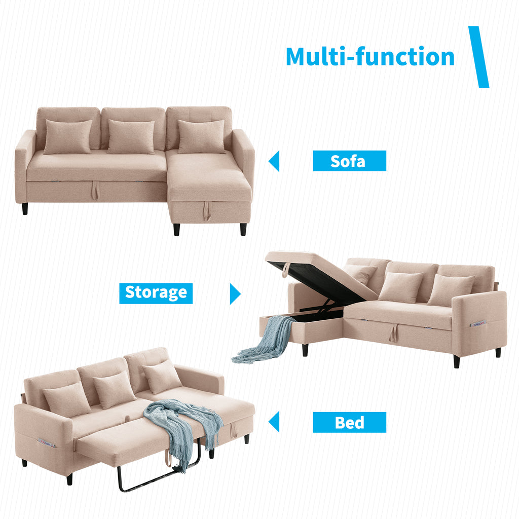 Beige Linen Reversible Sleeper Sectional Sofa with Storage Chaise G131834