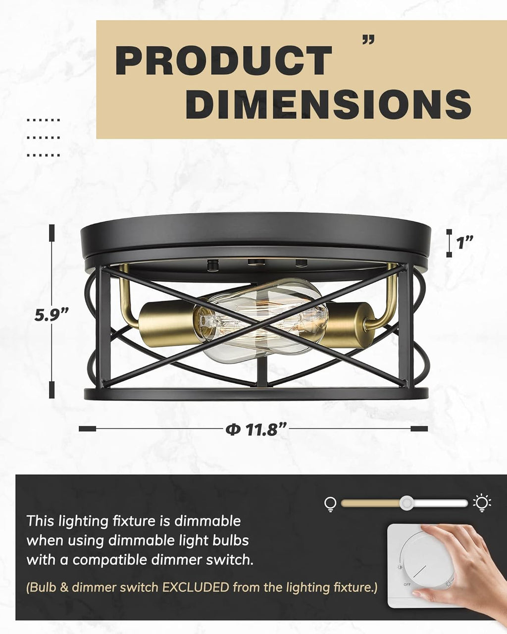 12 Inch 2-Light Farmhouse Flush Mount Ceiling Light Fixture in Matte Black and Brushed Brass Y79004