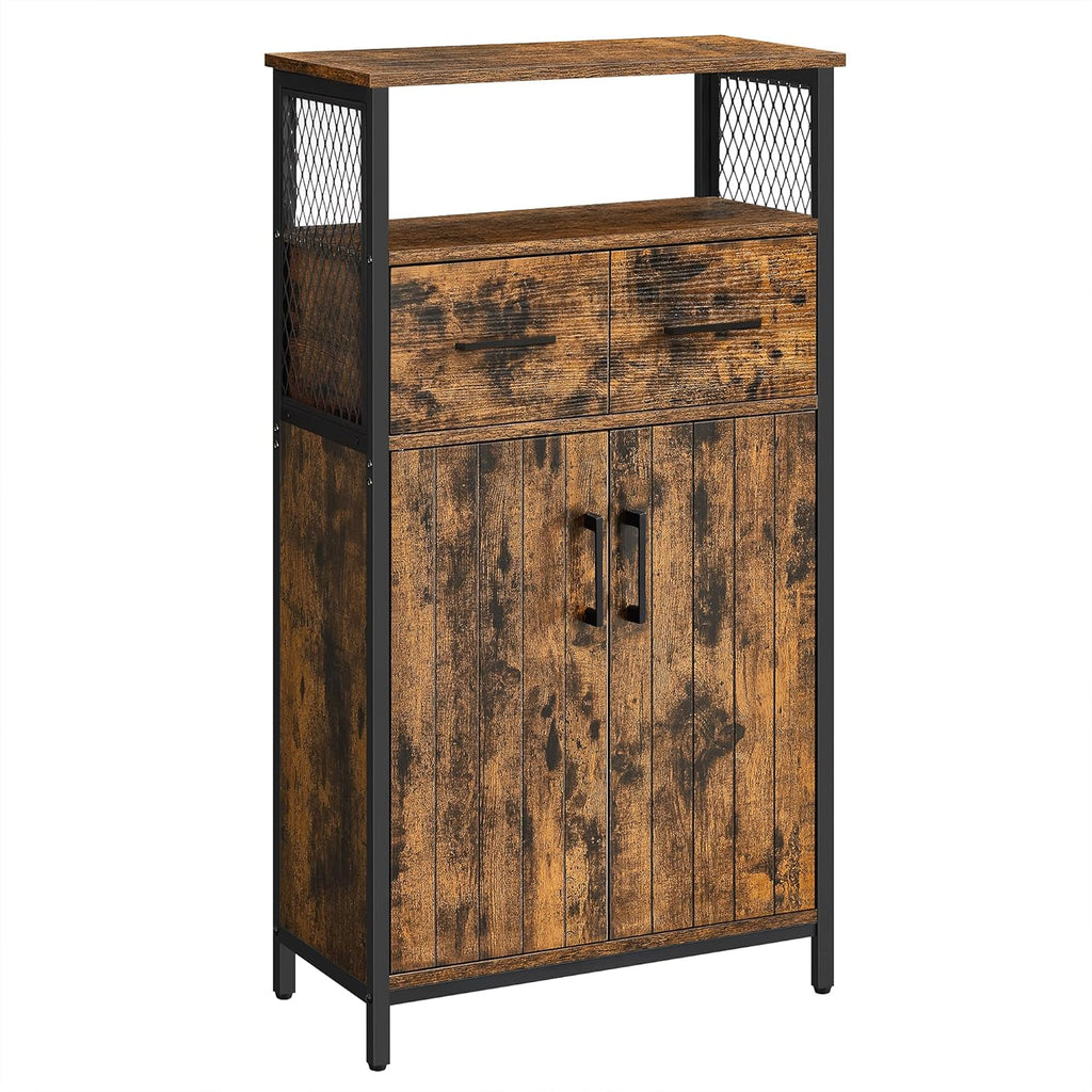 Rustic Brown and Black Freestanding Storage Cabinet with Doors and Shelves V850