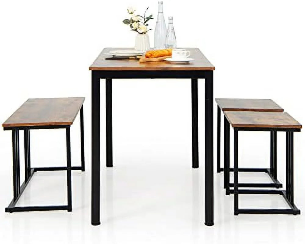 4 Piece Dining Table Set with Bench and 2 Stools E9776