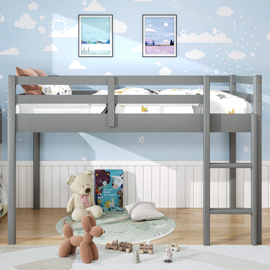 White Twin Size Solid Wood Loft Bed with 14 Wooden Slats S76684