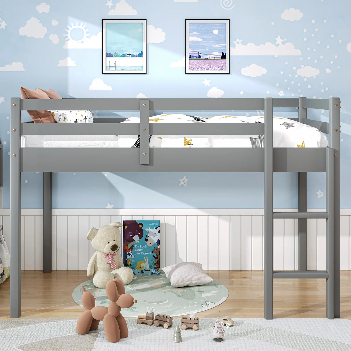 White Twin Size Solid Wood Loft Bed with 14 Wooden Slats S76684