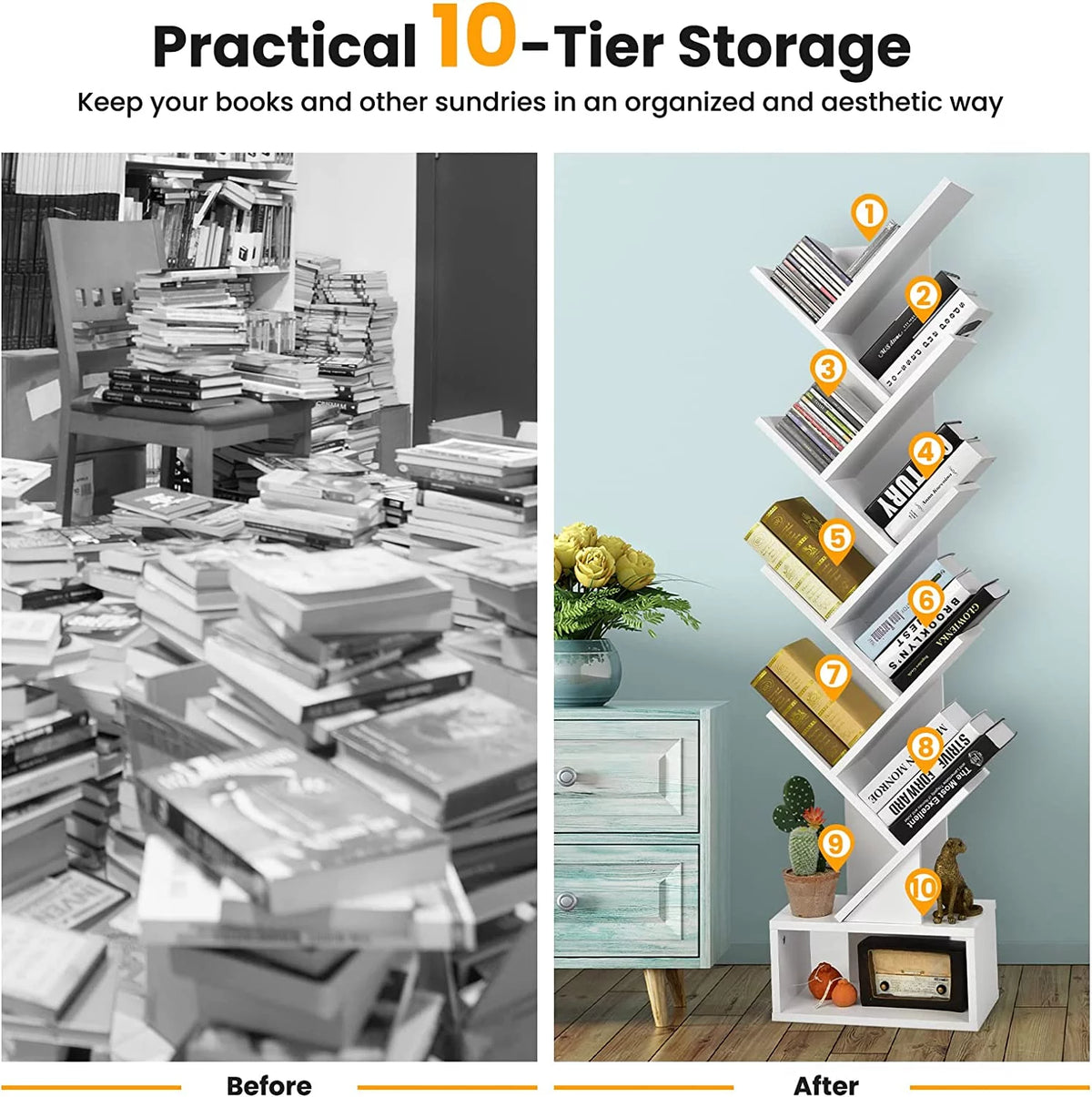 White Wooden 10 Shelf Bookshelf with Drawer O915842