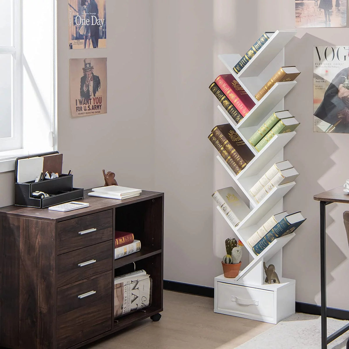 White Wooden 10 Shelf Bookshelf with Drawer O915842
