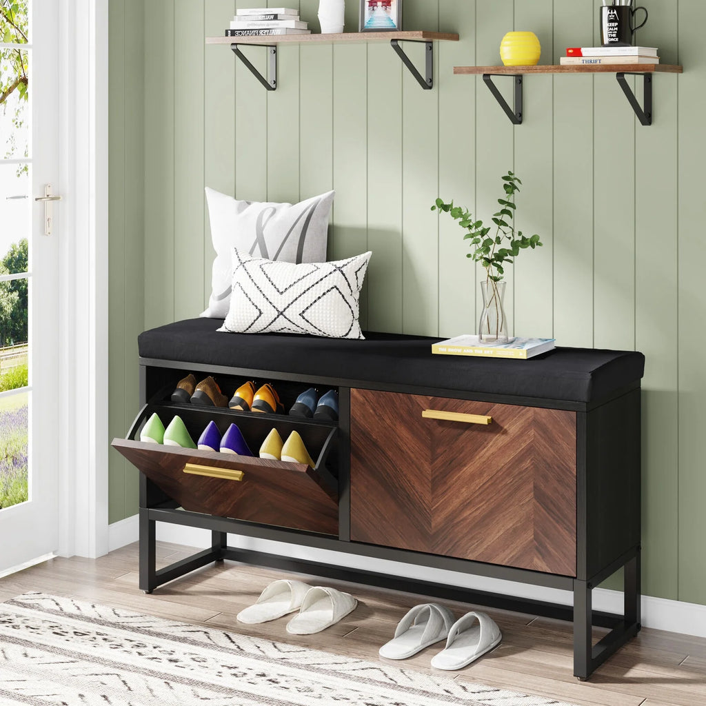 Shoe Storage Bench with Cushion & 2 Flip Drawers S526653