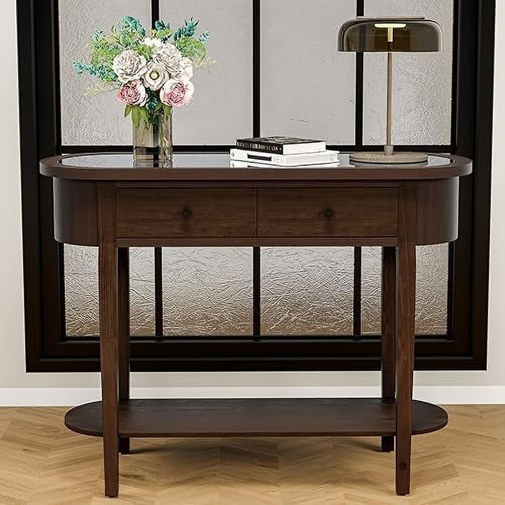 Half-Round Entryway Table with Solid MDF Board Glass Table Top Console Table 15.7" D x 40" W x 30.5" H G151093