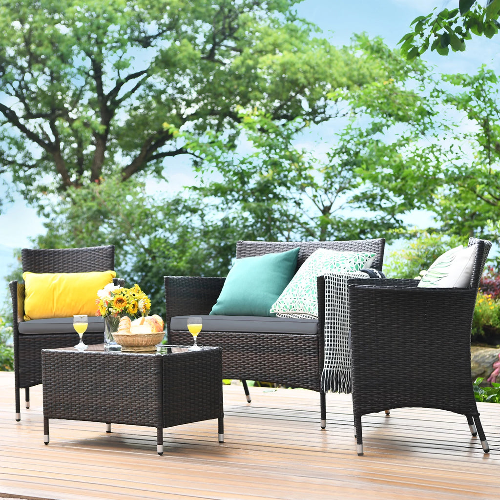 4 Pc Patio Rattan Conversation Furniture Set with Gray Cushion T537