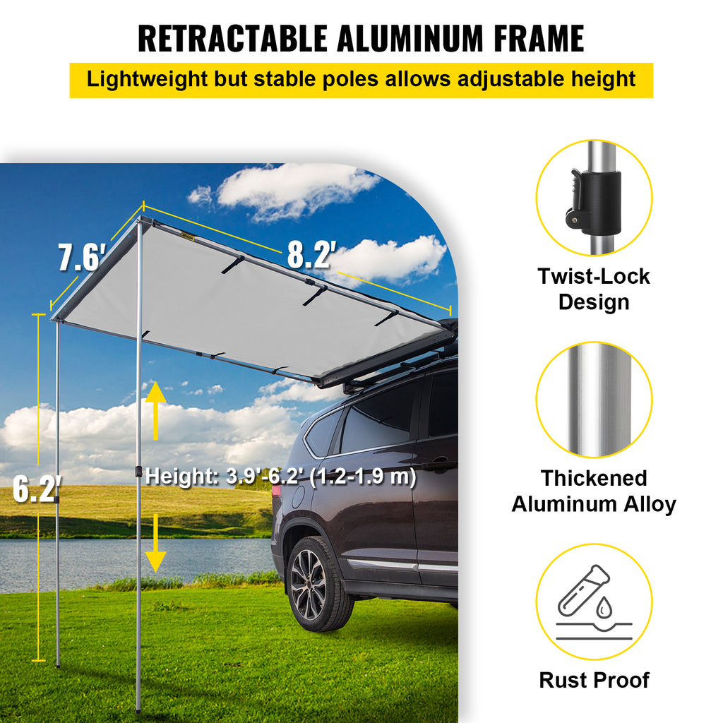 Retractable Waterproof SUV Rooftop Car Awning Grey 7.6'x8.2' T896