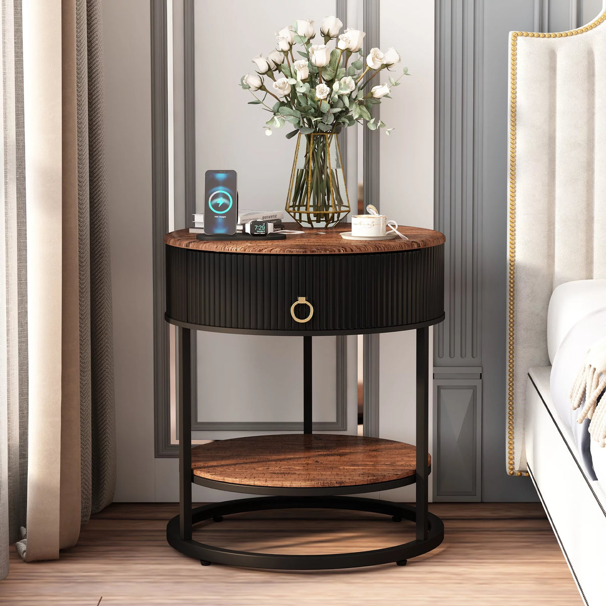 Black Metal 2-Tier Round End Table with Drawer L27170