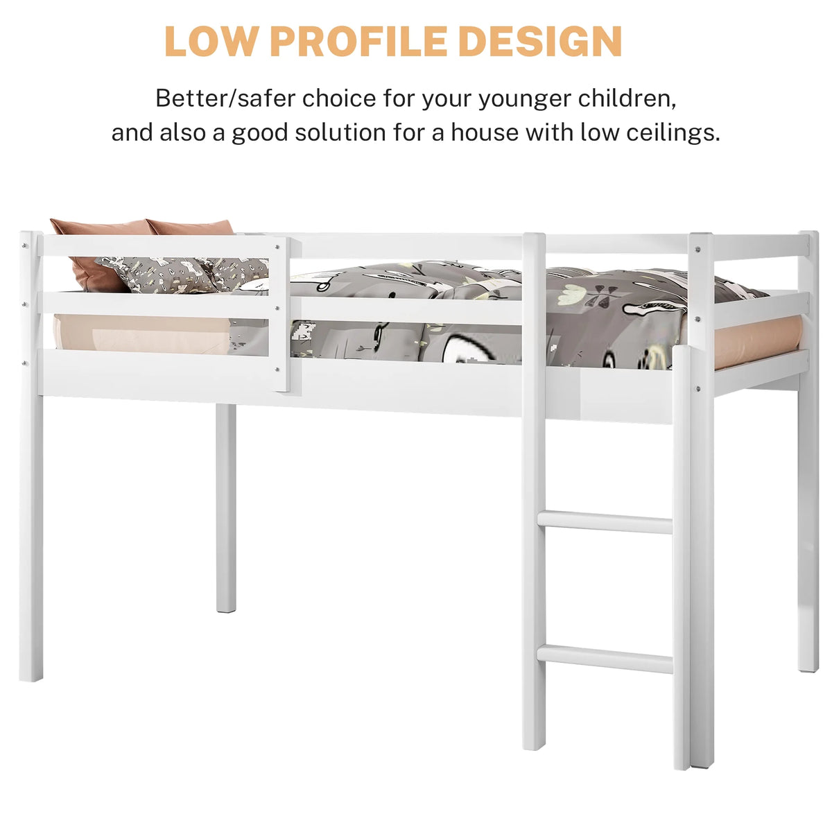 White Twin Size Solid Wood Loft Bed with 14 Wooden Slats S76684