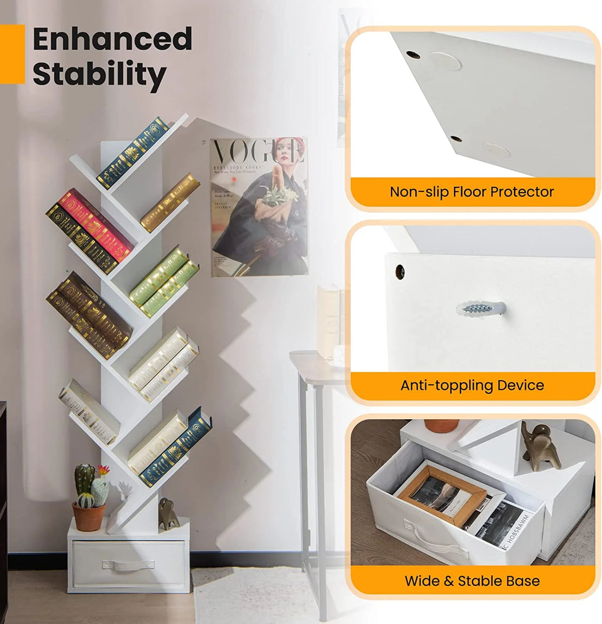White Wooden 10 Shelf Bookshelf with Drawer O915842