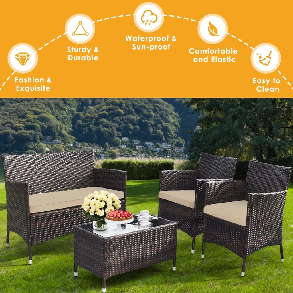 4 Pc Patio Rattan Conversation Furniture Set with Gray Cushion T537