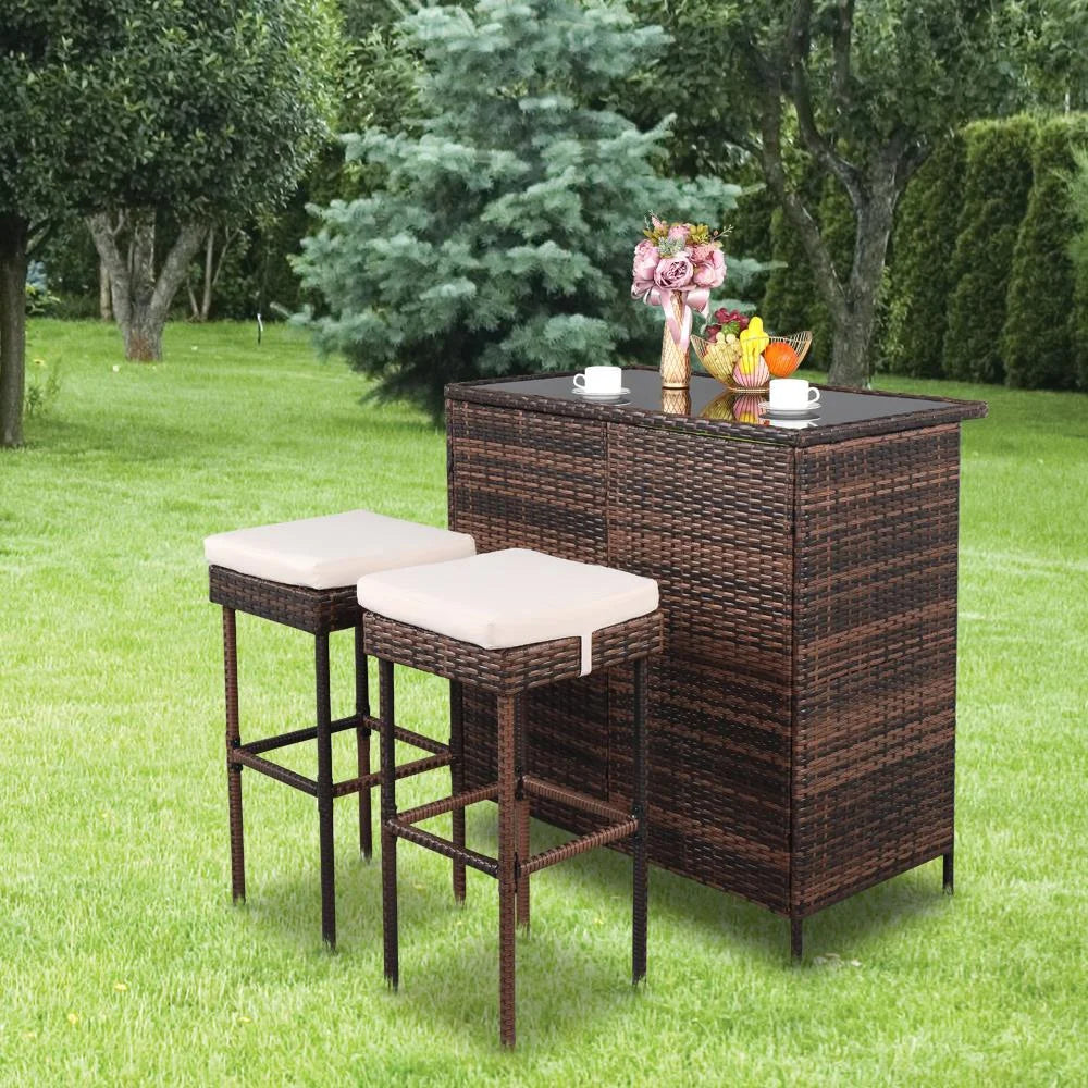 3PCS Patio Rattan Wicker Bar Table Stools Dining Set Brown A6204