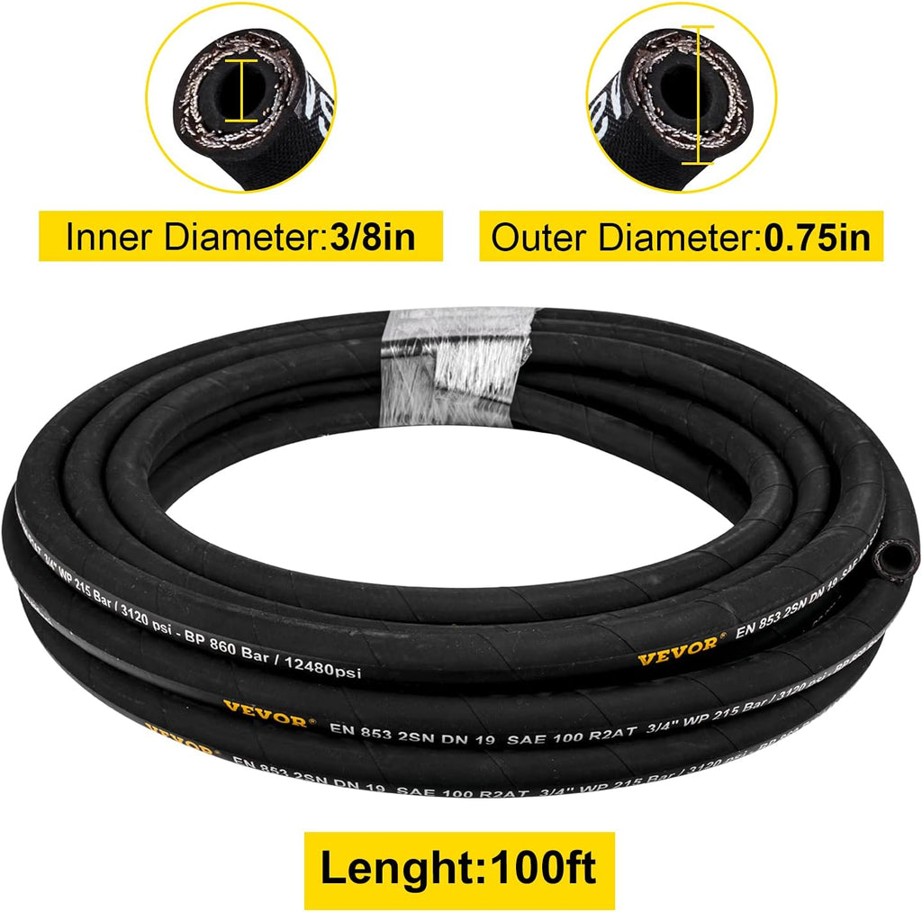 Hydraulic Hose 3/8 inch x 100 ft, 4800 PSI, Rubber, with 2 High-Tensile Steel Wire Braid A504