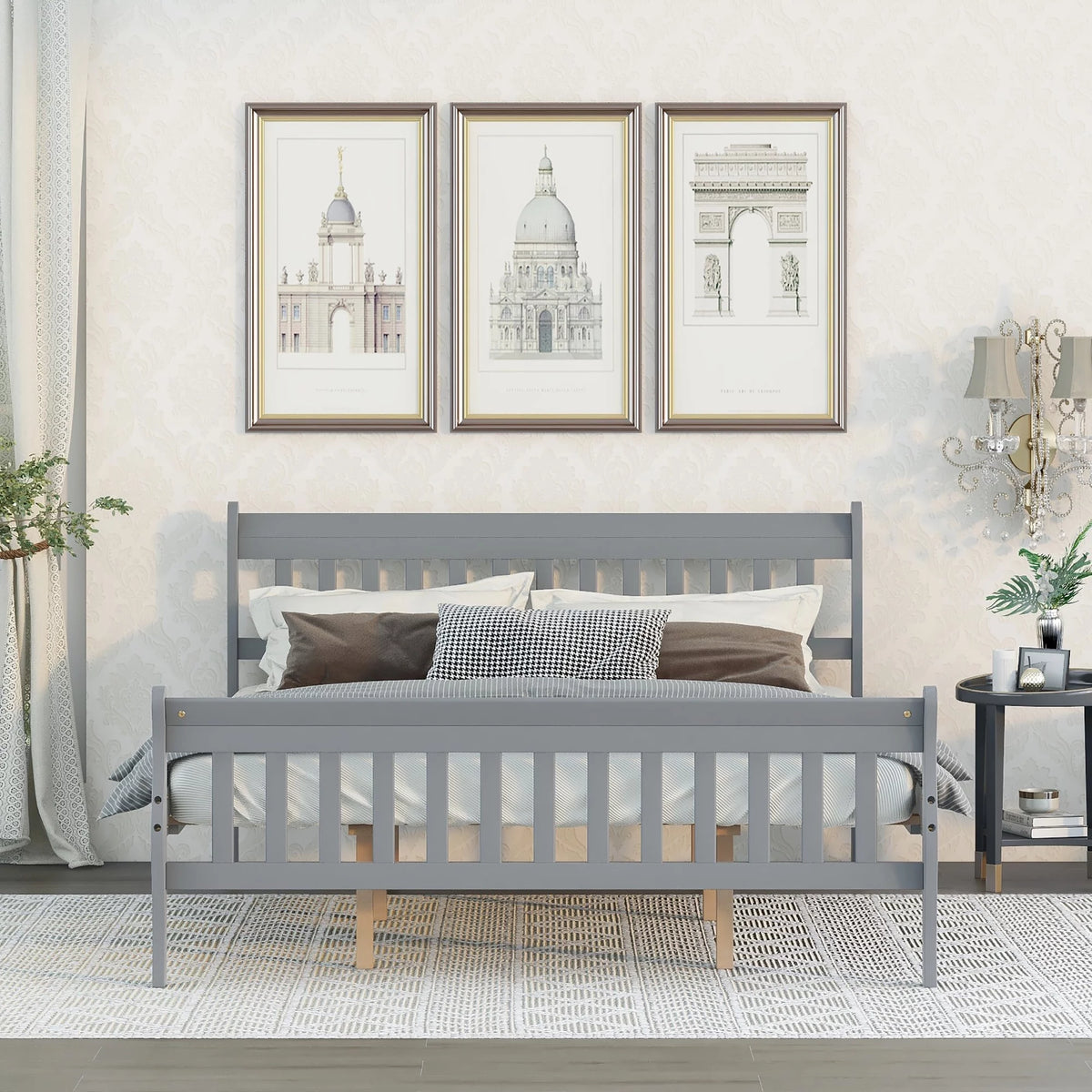 Queen Size Gray Wood Platform Bed Frame with Headboard F13032