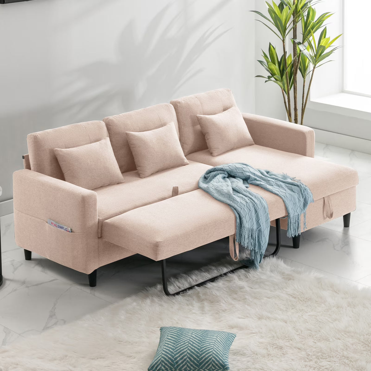 Beige Linen Reversible Sleeper Sectional Sofa with Storage Chaise G131834