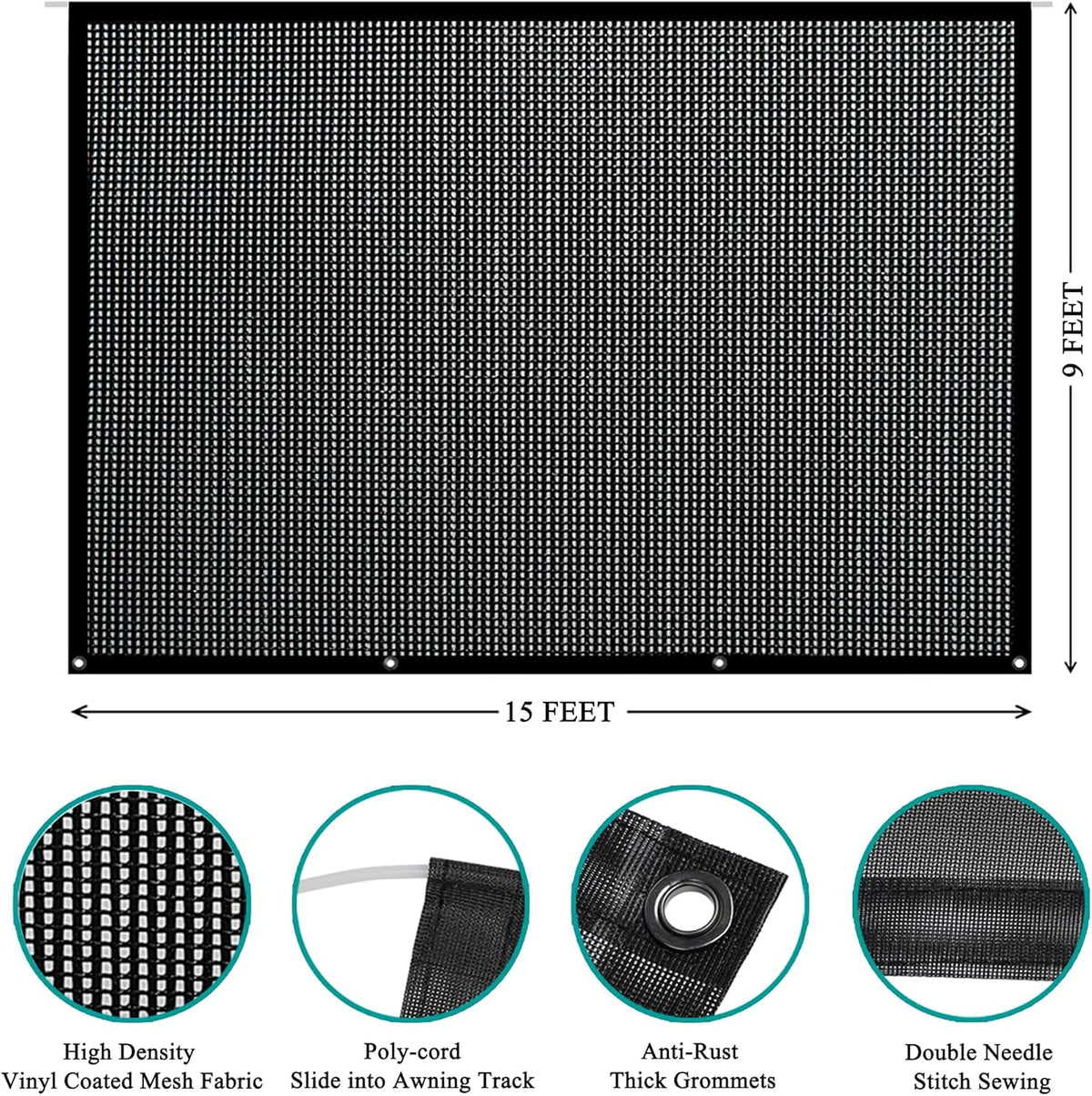 9' X 19' Black Mesh RV Awning Sun Shade Screen F9364