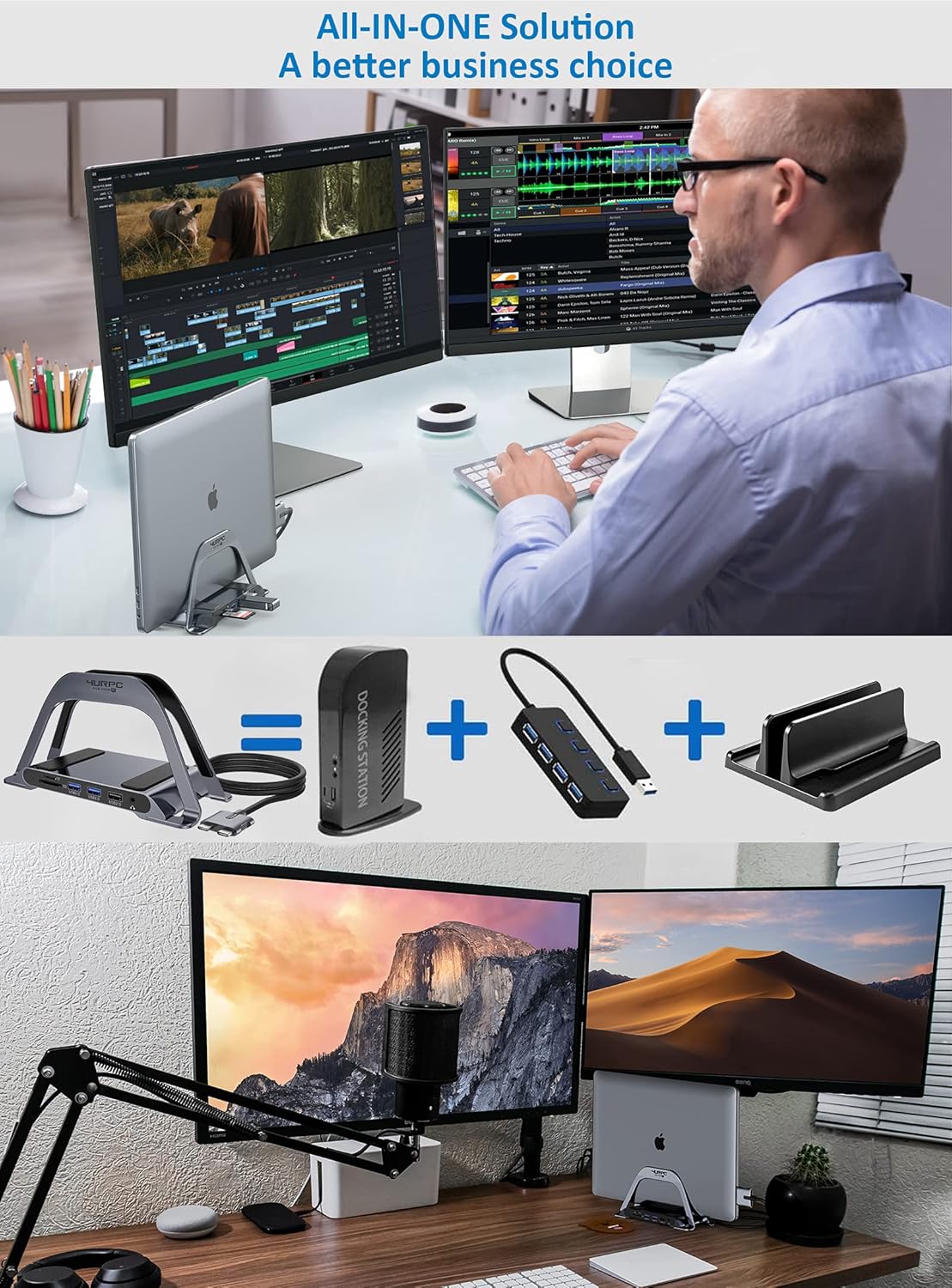 USB C Docking Station Dual Monitor 10 in 2 Dual Display USB C HUB with Vertical Stand Multiport USB C Adapter with Two 4K HDMI PD3.0 Ethernet USB A2382