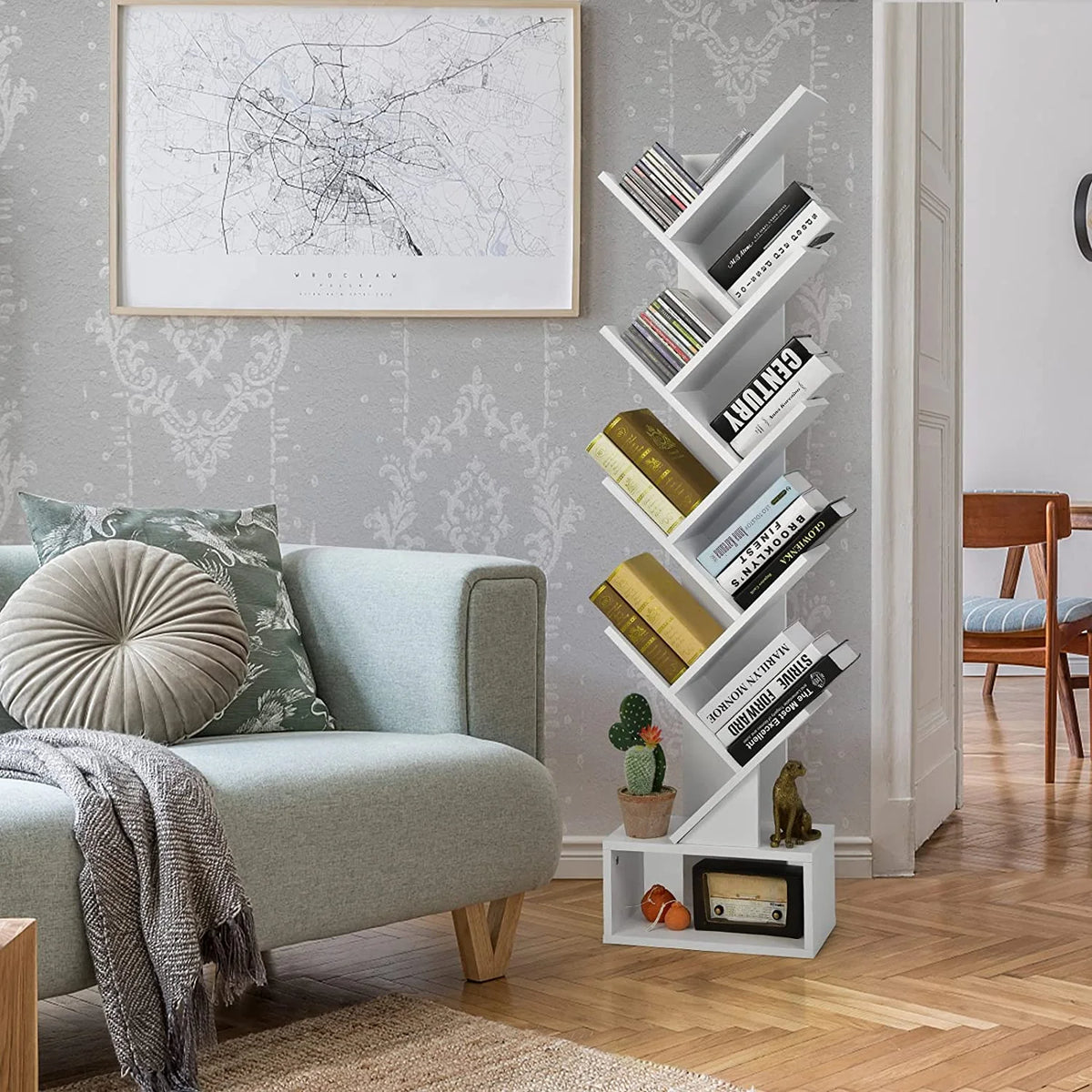 White Wooden 10 Shelf Bookshelf with Drawer O915842