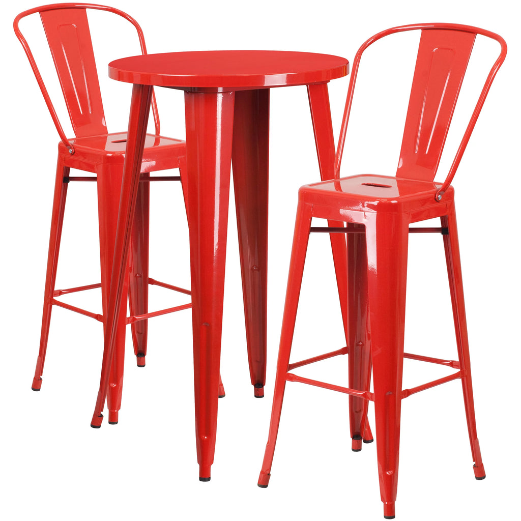 24" Round Red Metal Indoor-Outdoor Bar Table Set with 2 Stools Z984