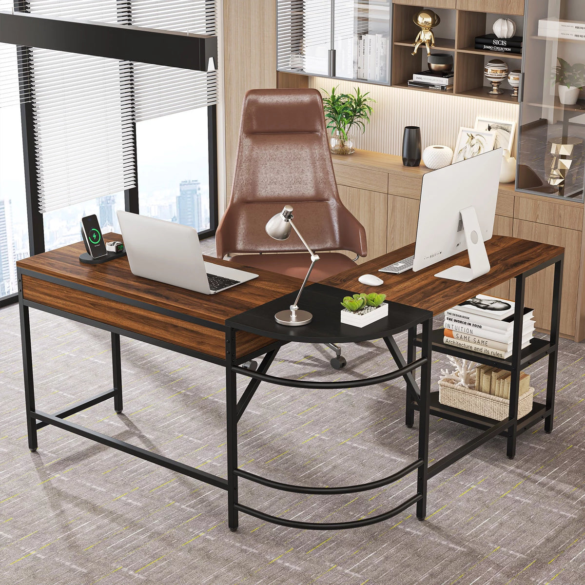 59" L Shaped Corner Computer Desk with Storage Shelves L861