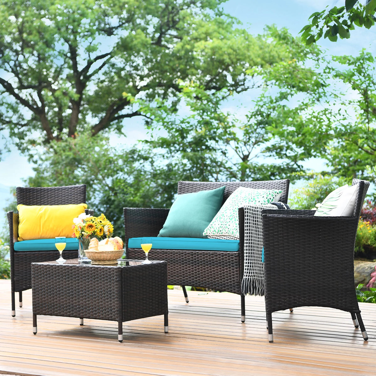 4 Pc Patio Rattan Conversation Furniture Set with Gray Cushion T537