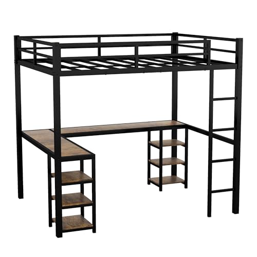 Full Size Metal Loft Bed with Desk and Wardrobe P69075
