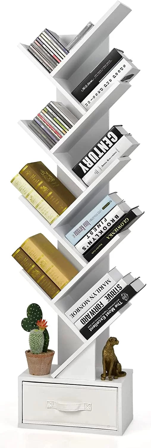 White Wooden 10 Shelf Bookshelf with Drawer O915842