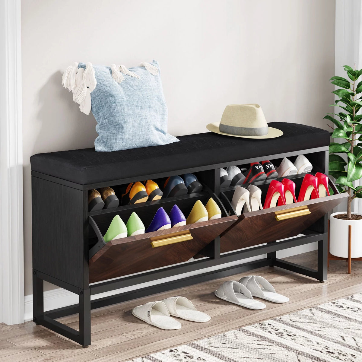 Shoe Storage Bench with Cushion & 2 Flip Drawers S526653