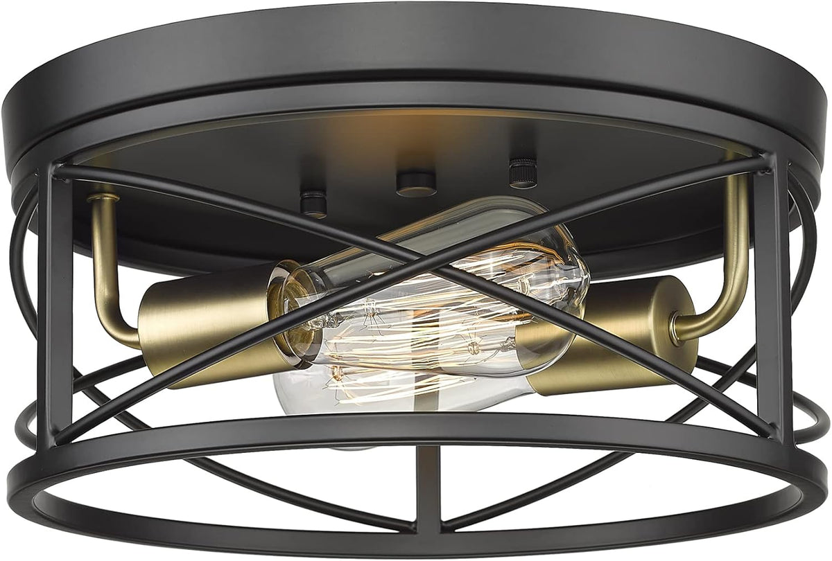 12 Inch 2-Light Farmhouse Flush Mount Ceiling Light Fixture in Matte Black and Brushed Brass Y79004
