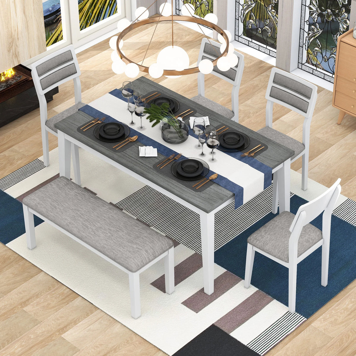6 Piece Dining Table and Chair Set with 4 Upholstered Chairs and Bench R25084