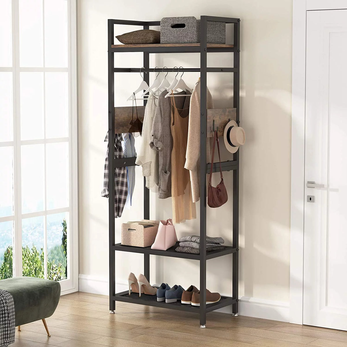 Small Heavy Duty Clothes Rack with Shelf and Hanging Rod S400120