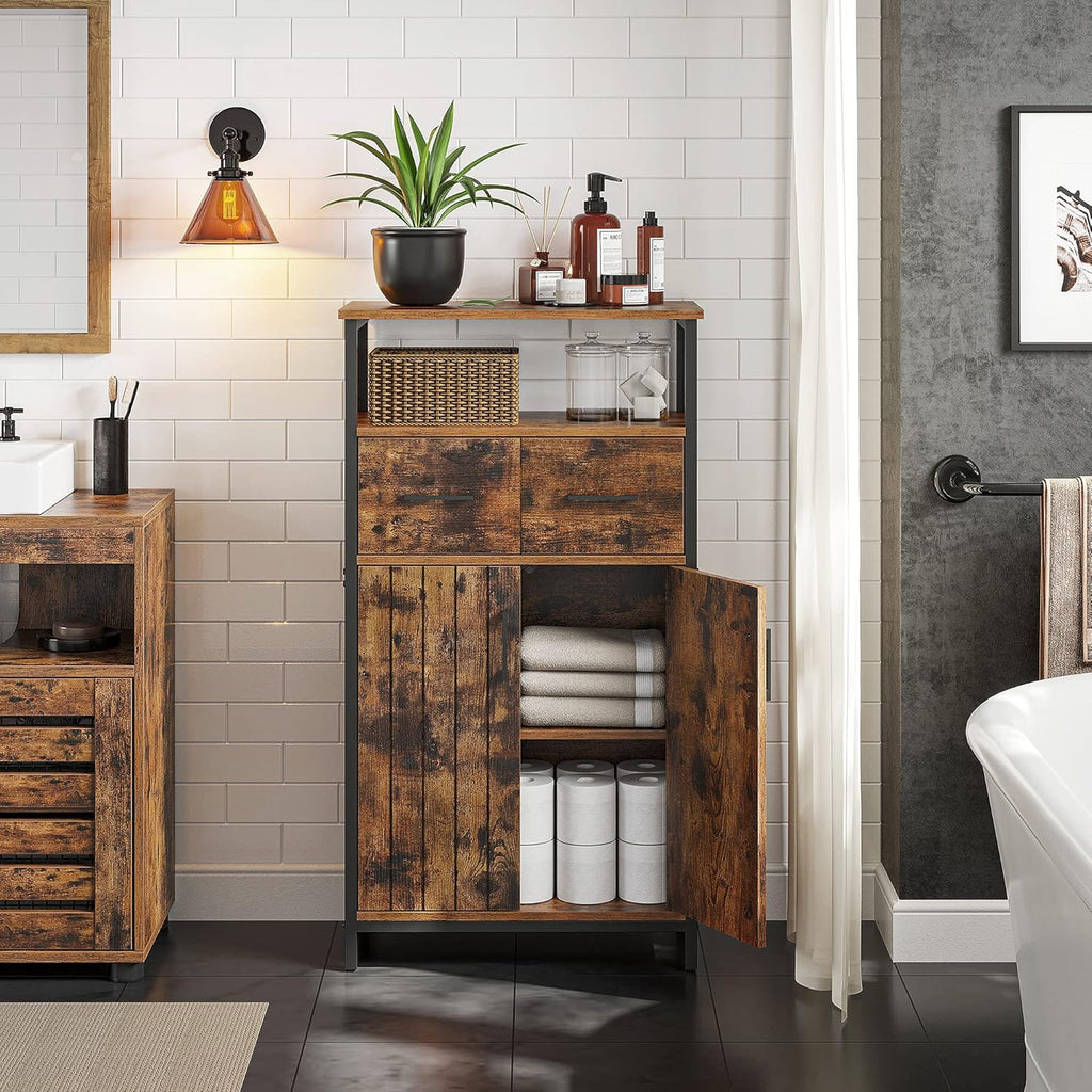 Rustic Brown and Black Freestanding Storage Cabinet with Doors and Shelves V850