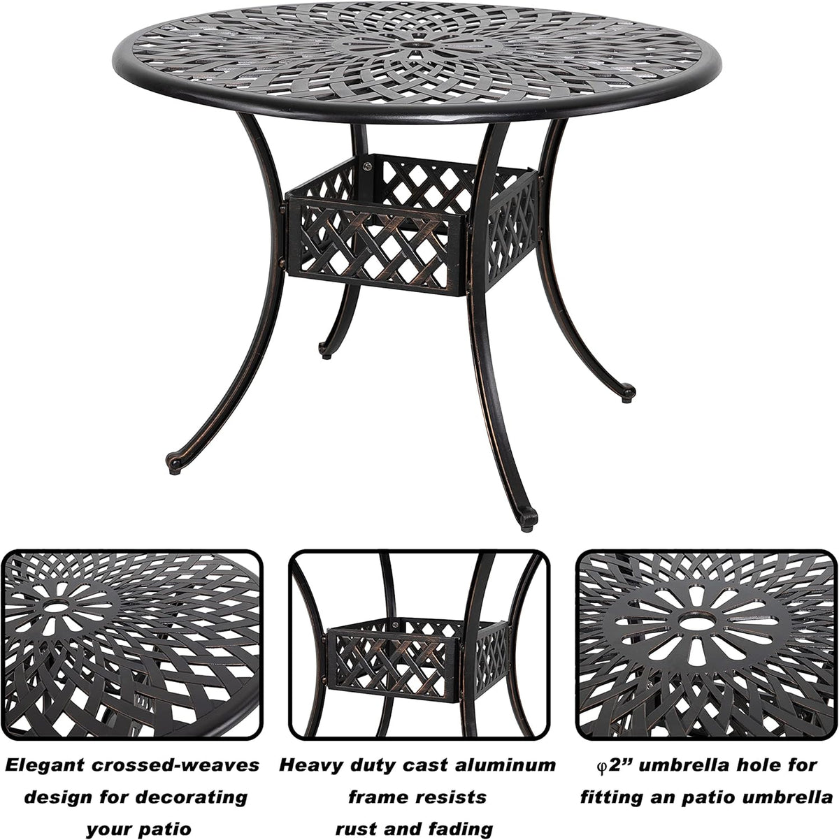 Black Round Cast Aluminum Patio Table with Umbrella Hole O183