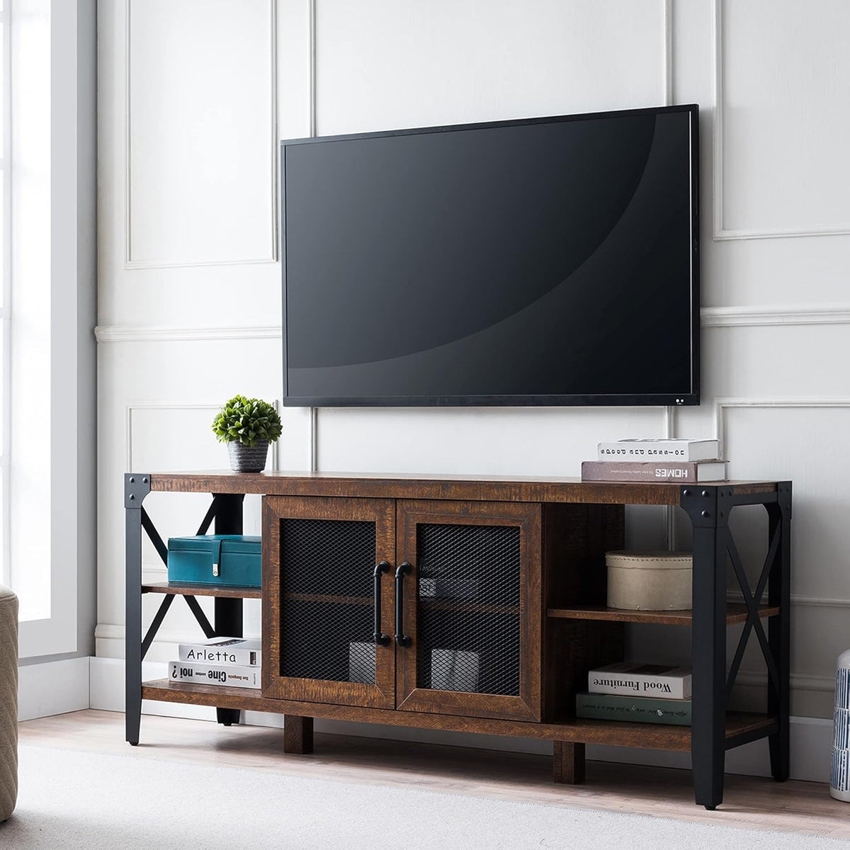 Large TV Stand with Metal Side X-Frame, Light Rustic Oak L3704