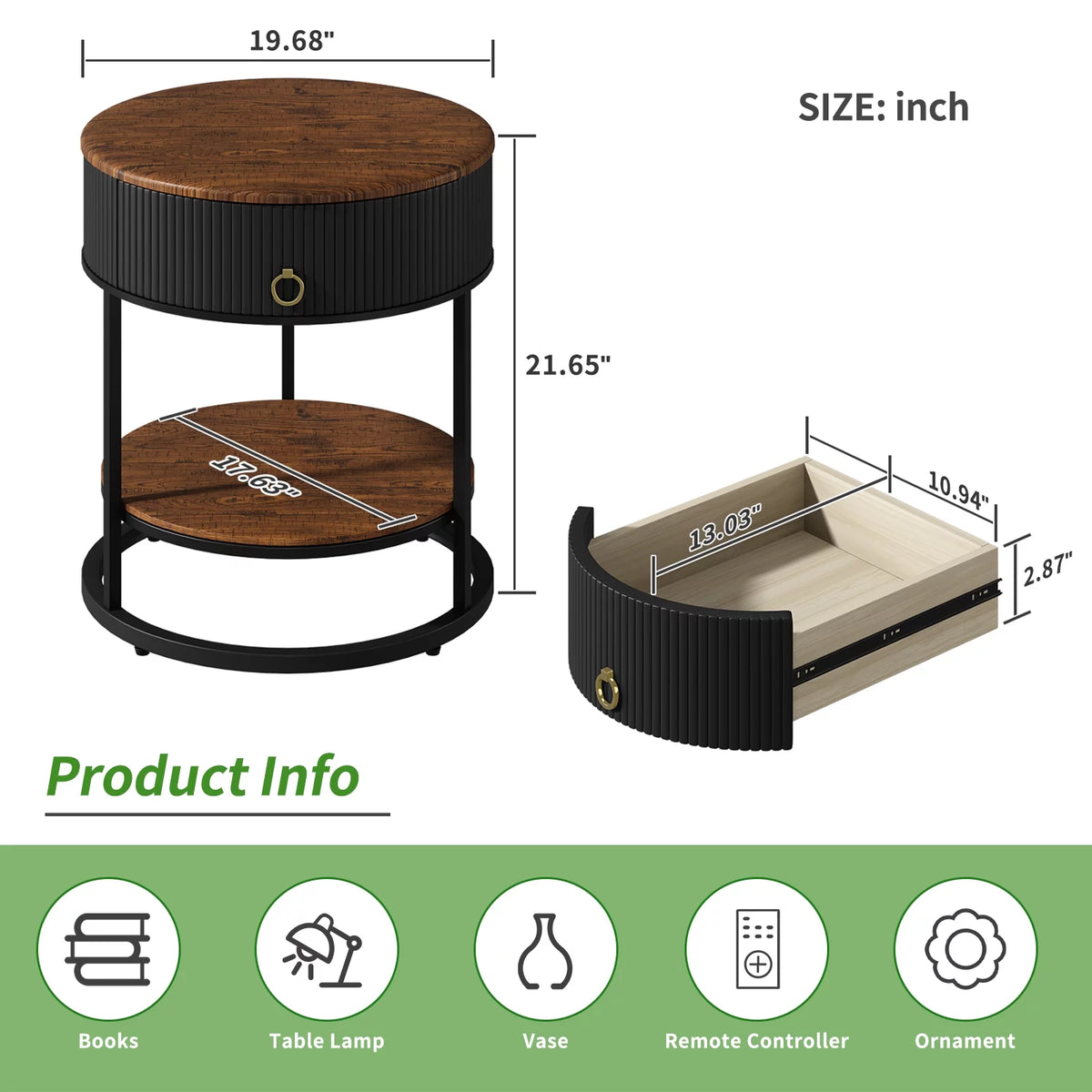 Black Metal 2-Tier Round End Table with Drawer L27170