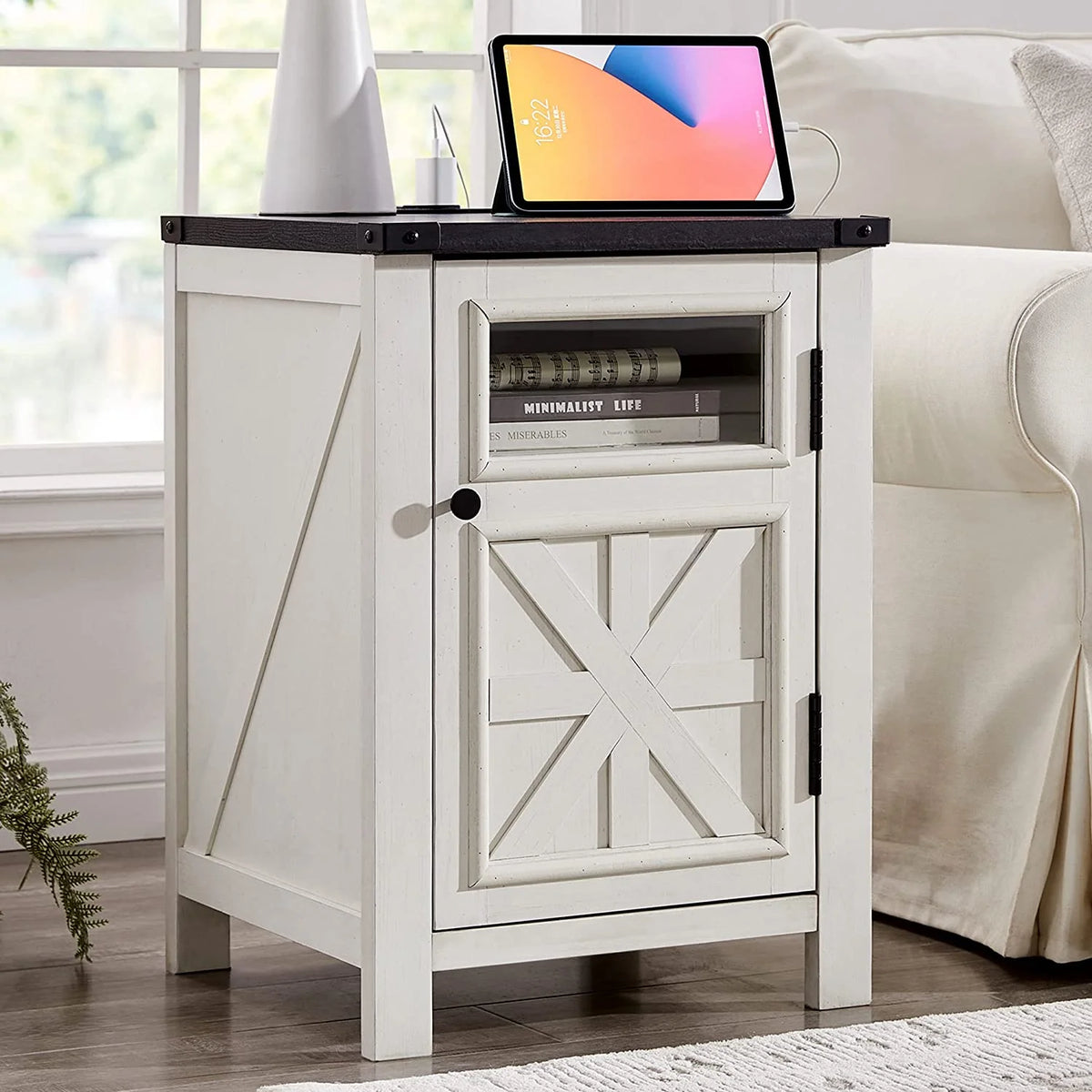 Off White 3-Tier End Table with Charging Station Z143440